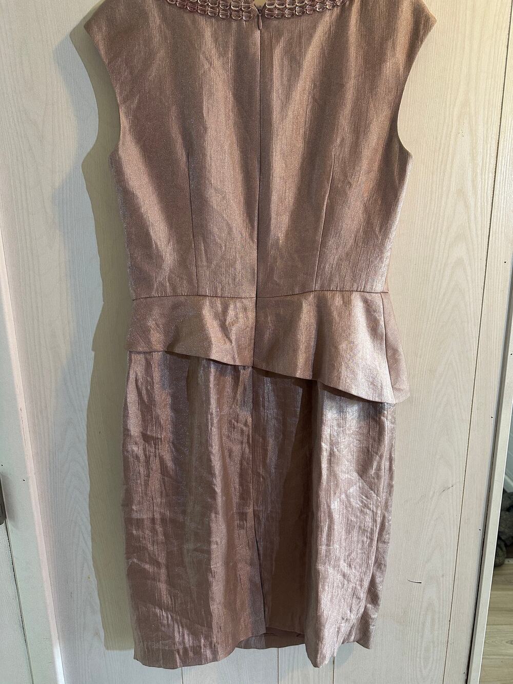 Adrianna Papell Metallic Faux Silk Peplum Dress Rose Gold Size 10 Beaded Collar